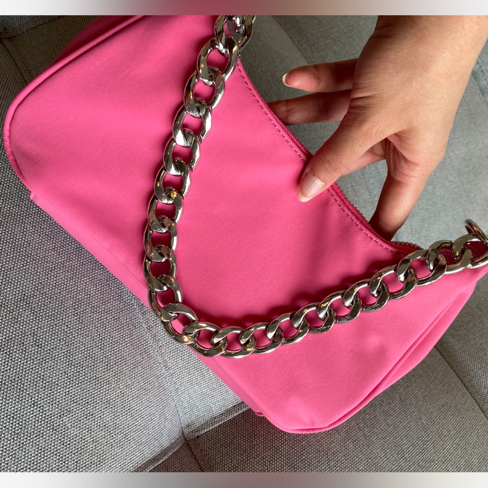 Nylon Curved 90s Shoulder Bag Purse Handbag with Silver Chain Strap Pink - Picture 6 of 12